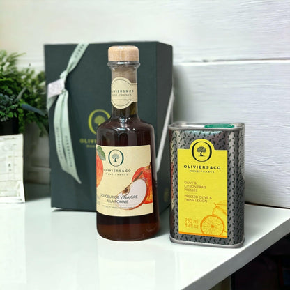 apfelessig, olivenöl zitrone in der geschenkbox