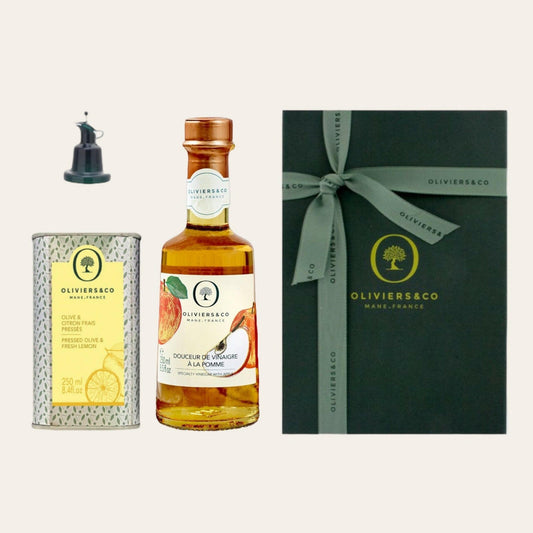 apfelessig, olivenöl zitrone in der geschenkbox